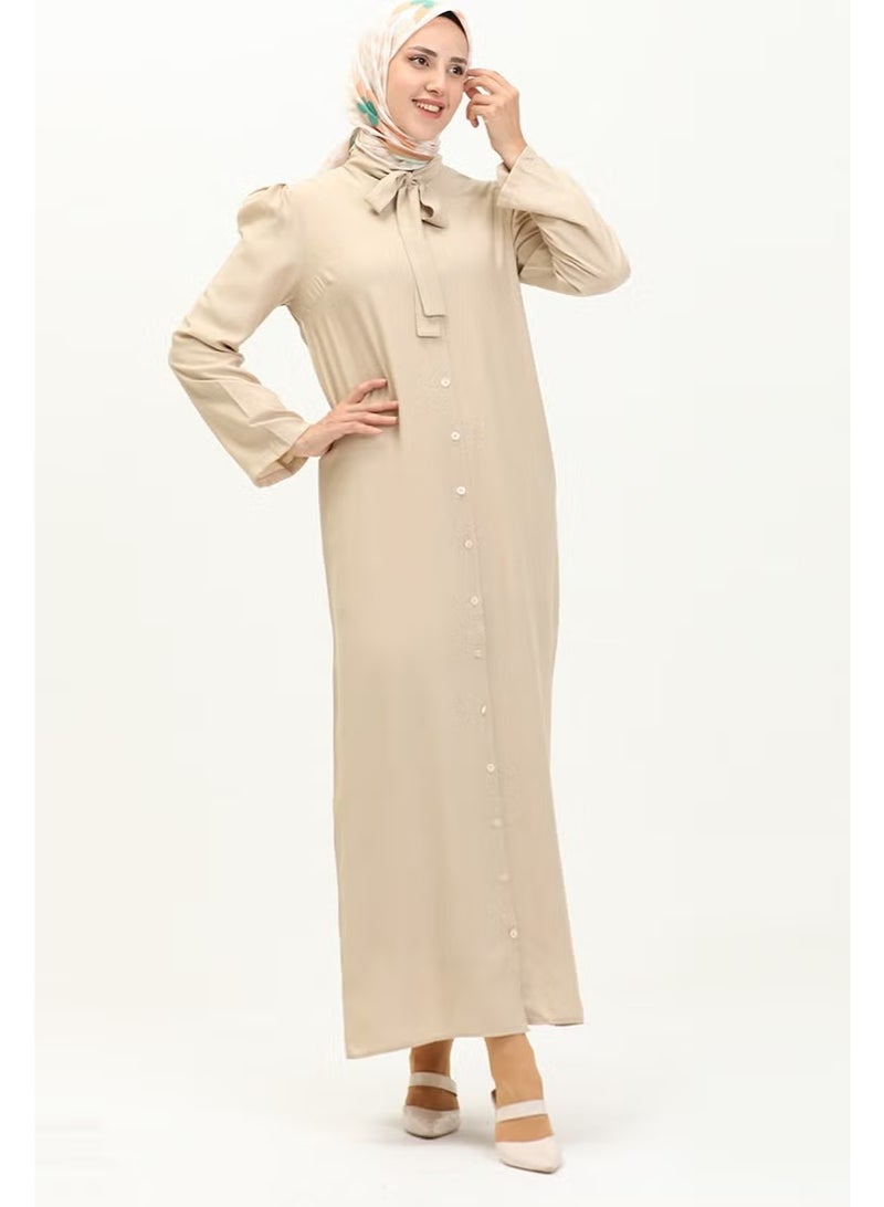 Sefa Merve Tie Collar Buttoned Dress 5111-01 Beige - Image 1